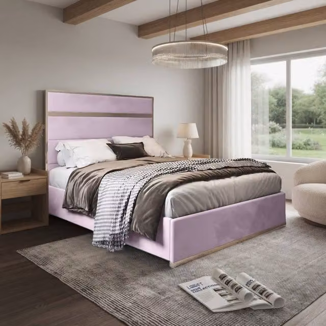 KDMD Holt Super King Designer Bed Frame with Pink Soft Velvet Upholstery and Metal Frame