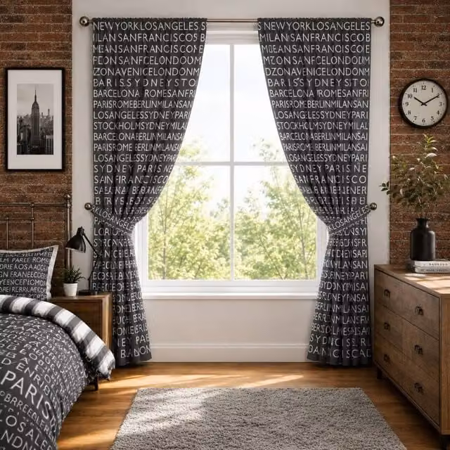 Smart Living Neon Cities Grey Urban City Print Curtains Pair with Tie Backs, Width: 167 cm, Drop: 183 cm – 1