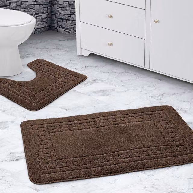 Velosso Greek Key Non-Slip Bathmat and WC Pedestal Mat Set in Brown – 1