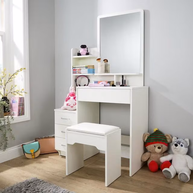 Home Source Arlo White Dressing Table with 3 Drawer Unit, Mirror and Stool