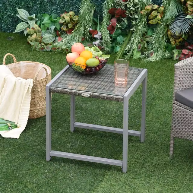 Outsunny Modern Rattan Side Table with Glass Top and Metal Frame in Grey – 2