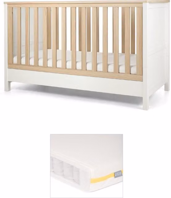 Mamas & Papas Harwell Cotbed and Essential Airflow Pocket Spring Mattress Bundle, White, 70 x 140 cm