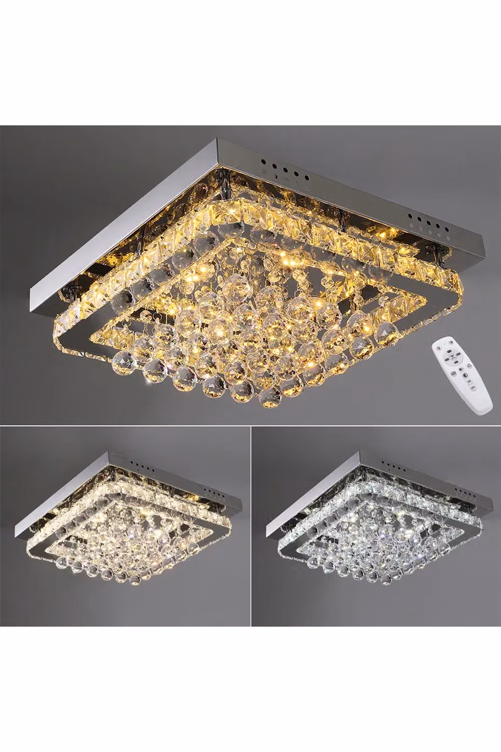 Living and Home Modern Square Crystal LED Flush Mount Ceiling Light in Silver and Chrome – 3
