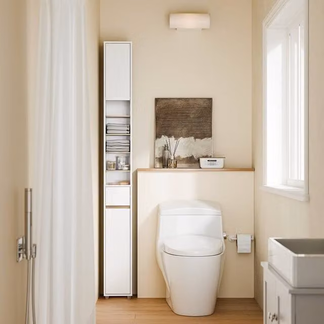 SoBuy Slim Tall Bathroom Cabinet in White MDF with Hinged Doors and Internal Shelves, Height: 180 cm