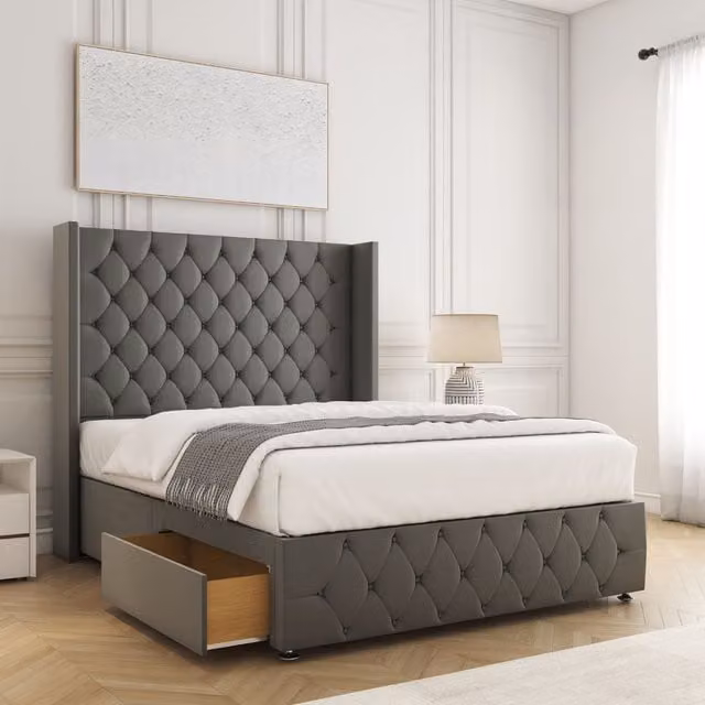 BSSPOKE Ruby Divan Bed in Grey Plush Velvet with 54 inch Headboard and 2 Drawers, Double Size (140 x 200 cm)