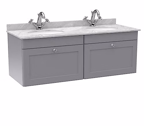 nuie Classique Wall Hung 2 Drawer Unit with Marble Top and Round Basin, Satin Grey, W: 120 cm, H: 47 cm, D: 50.9 cm