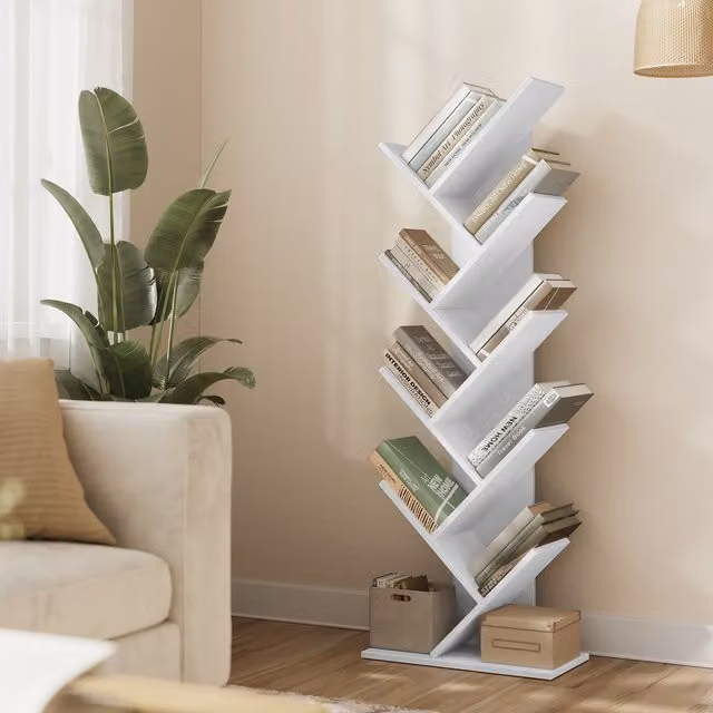 VASAGLE 9-Tier Tree Corner Bookshelf, White, H 141.5 x W 25.0 x D 25.0 cm