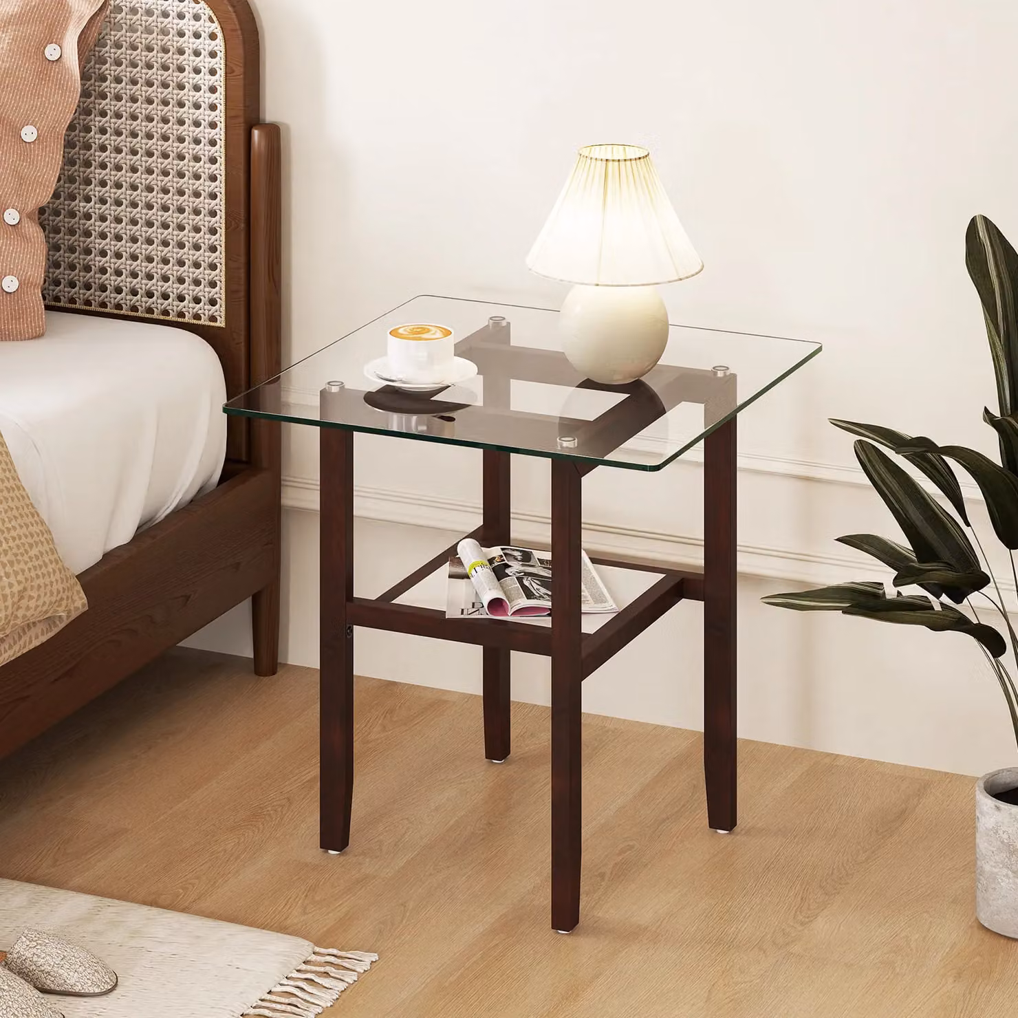 Gymax 2-Tier Square Glass and Rubberwood Side Table with Storage Shelf, Dark Brown, W/D/H: 61 x 61 x 62 cm – 9