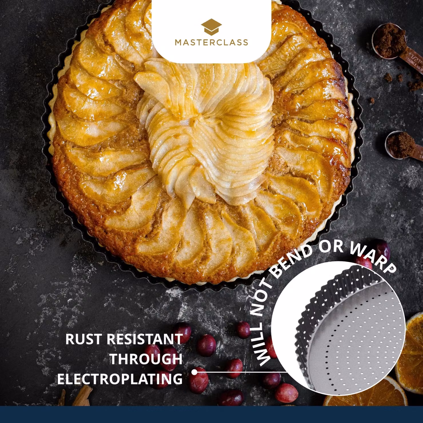 MasterClass Non-stick Round Fluted Tart Tin, Black, Diameter: 30 cm – 9