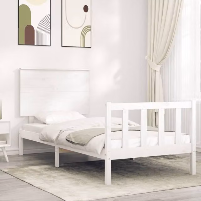 Berkfield Home White Solid Pine Wood Bed Frame with Headboard W/D/H: 100 x 200 cm