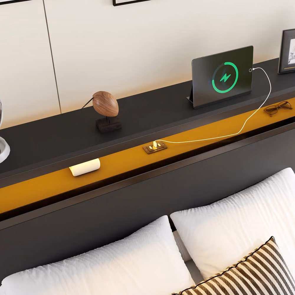 STILVORA Modern Double Bed Frame in Black with LED Under-Bed Lighting, USB Charging Port and Side Compartments, W/D/H: 140 x 200 x 111.5 cm – 5