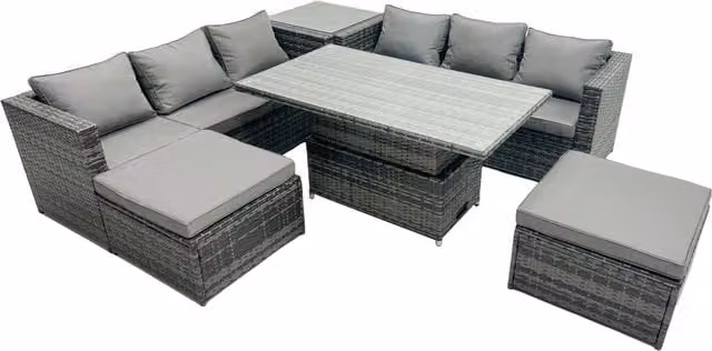 Fimous 8-Seat Rattan Dining Set with Sofa, Side Table and 2 Stools in Dark Grey – 1