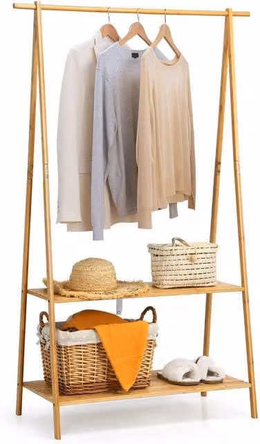 Costway Bamboo Freestanding Garment Rack with 2 Storage Shelves in Natural Wood – 1