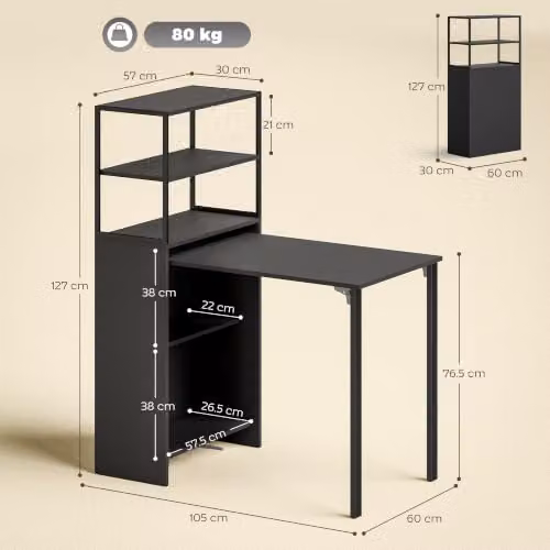 HOMCOM Folding Computer Desk with 4-Tier Bookshelf, Black – 3