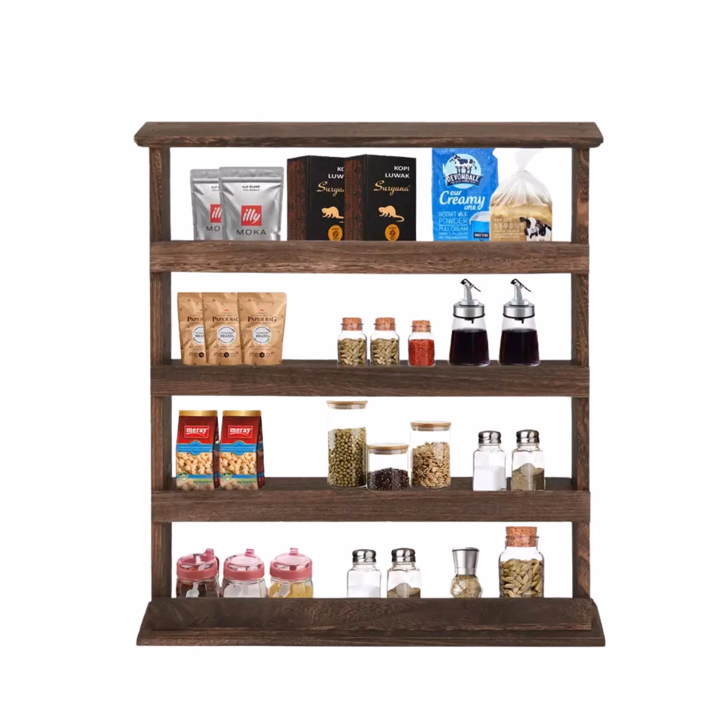 Pirlo Plush 5 Tier Rustic Wooden Spice Rack in Brown, Wall Mounted or Countertop Kitchen Organiser – 4