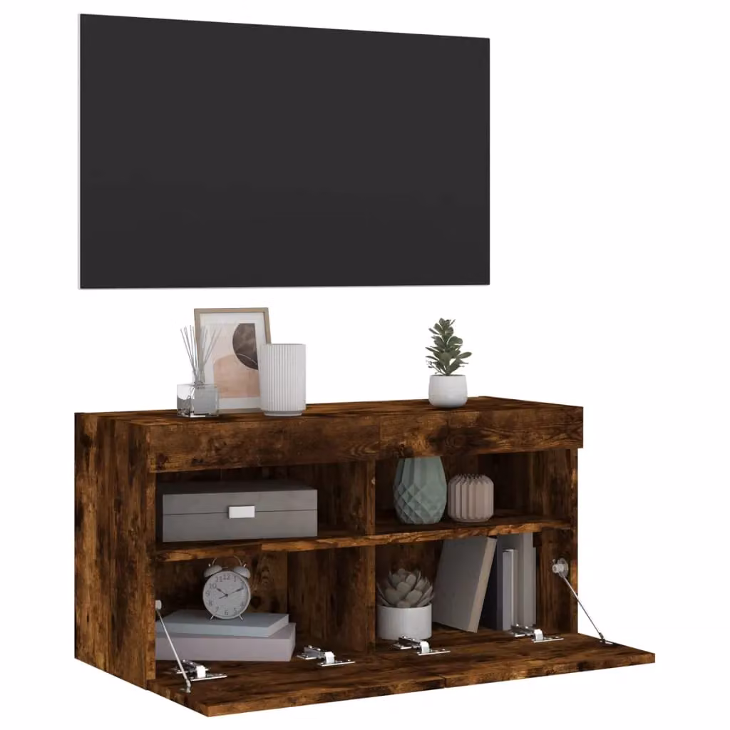 Berkfield Home Modern Wall Mounted TV Cabinet with Integrated LED Lights in Smoked Oak Brown, W: 80 cm, D: 30 cm, H: 40 cm – 7