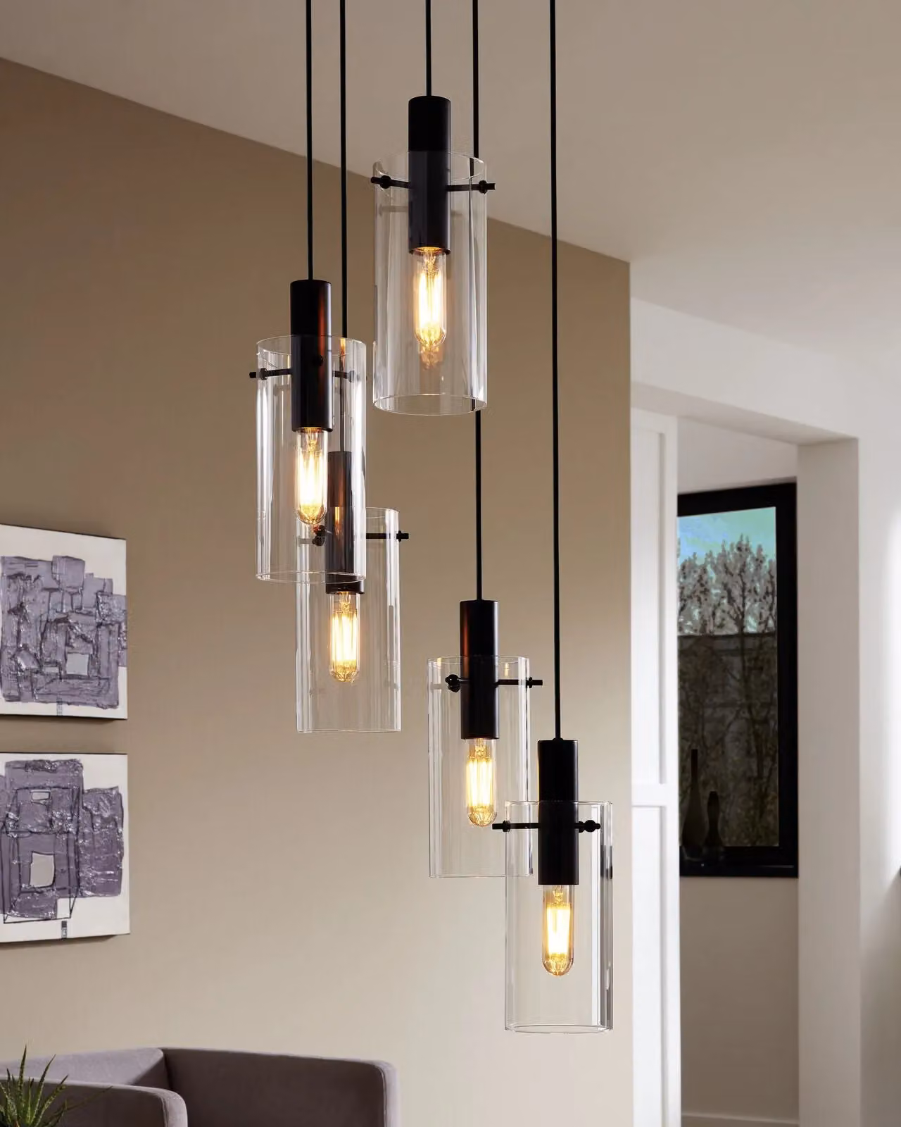 Loops Black 5-Bulb Pendant Ceiling Light with Transparent Glass Shades and E27 Sockets – 2