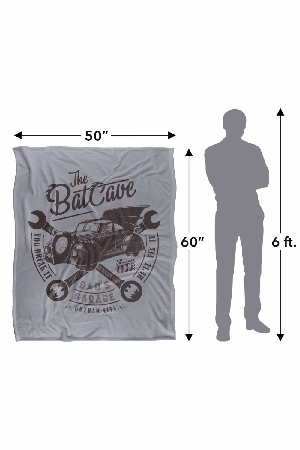 Warner Bros. Batman Dads Garage Is The Batcave Super Soft Silky Touch Polyester Blanket in Grey and Multicolour, Large – 3
