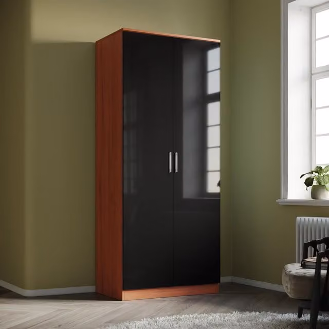 Comfy Living Modern 2-Door Wardrobe with High Gloss Finish in Walnut and Black