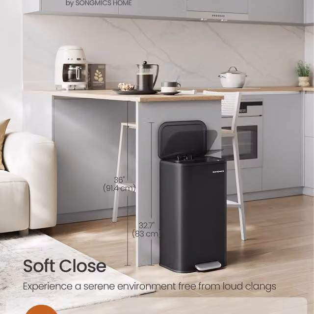 SONGMICS 30 L Steel Kitchen Pedal Bin with Soft-Close Lid and Removable Inner Bucket, Black