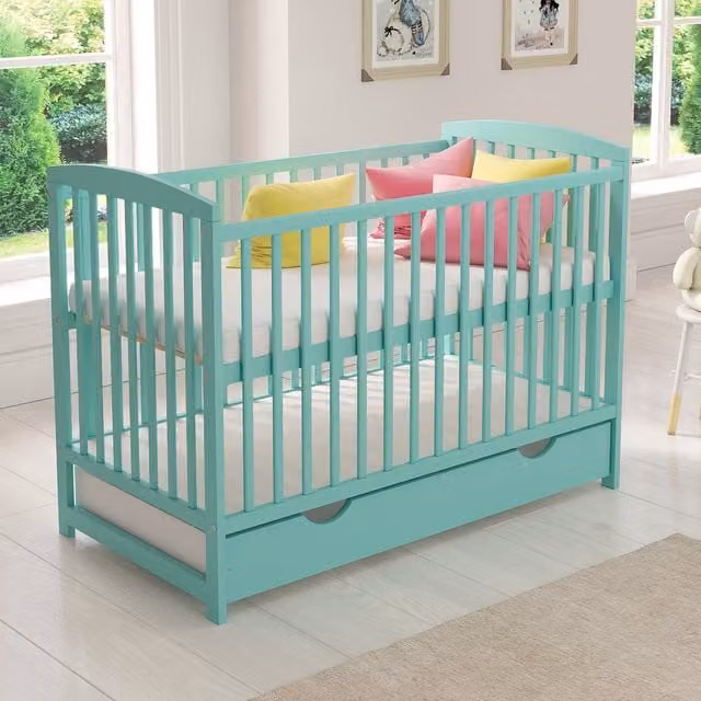 Love For Sleep Modern Baby Cot Bed with Drop Side and Drawers in Mint, W/D/H: 120 x 60 cm