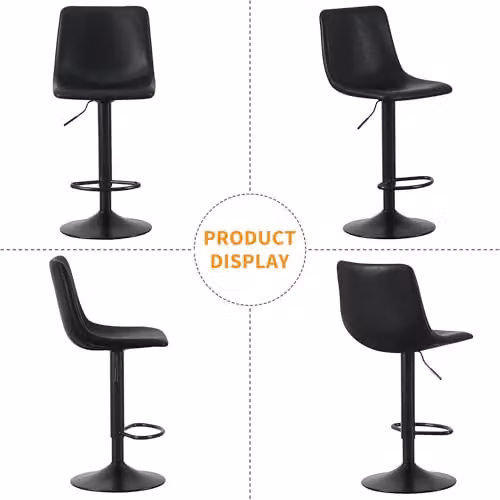 MCC Direct Set of 2 Height Adjustable Swivel Bar Stools with Backrest and Footrest in Black PU Leather – 5