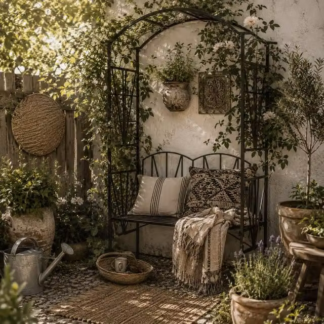 Wyld Haus Sovemo 2 Seater Black Matt Metal Garden Bench with Arch for Climbing Plants