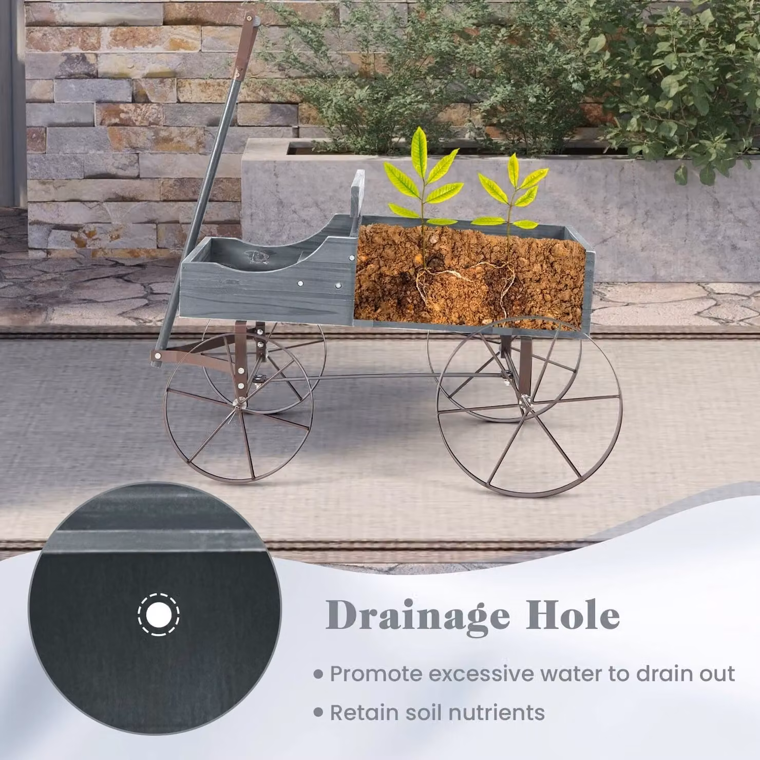 Gymax Wood Wagon Flower Planter with Wheels in Grey, W/D/H: 62 x 34 x 60 cm – 8