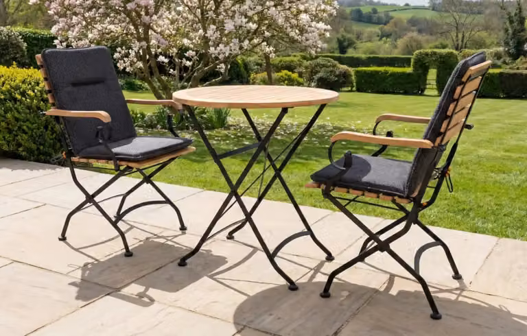MINT Outdoor Sicily 2 Seater Garden Dining Set with Round Teak and Wrought Iron Table, Black and Brown, Diameter: 70 cm