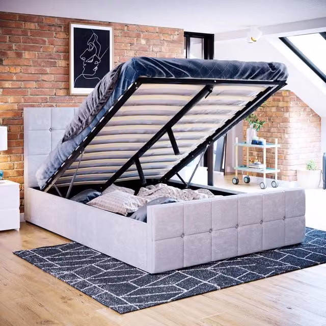 Vida Designs Valentina Double Ottoman Bed Frame in Light Grey Velvet, H 105 x W 144 x D 207 cm – 1