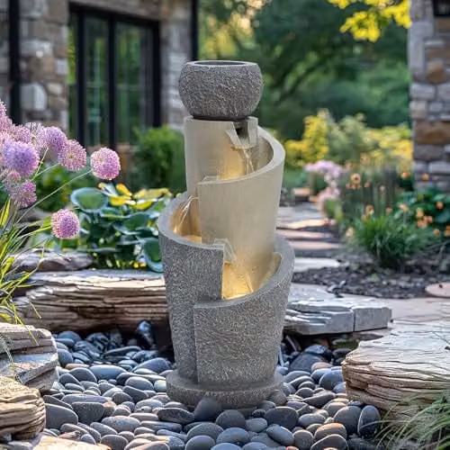 Charles Bentley 3-Tier Spiral LED Cascade Water Fountain, Grey, H 66.5 cm x W 28 cm x D 28 cm – 1