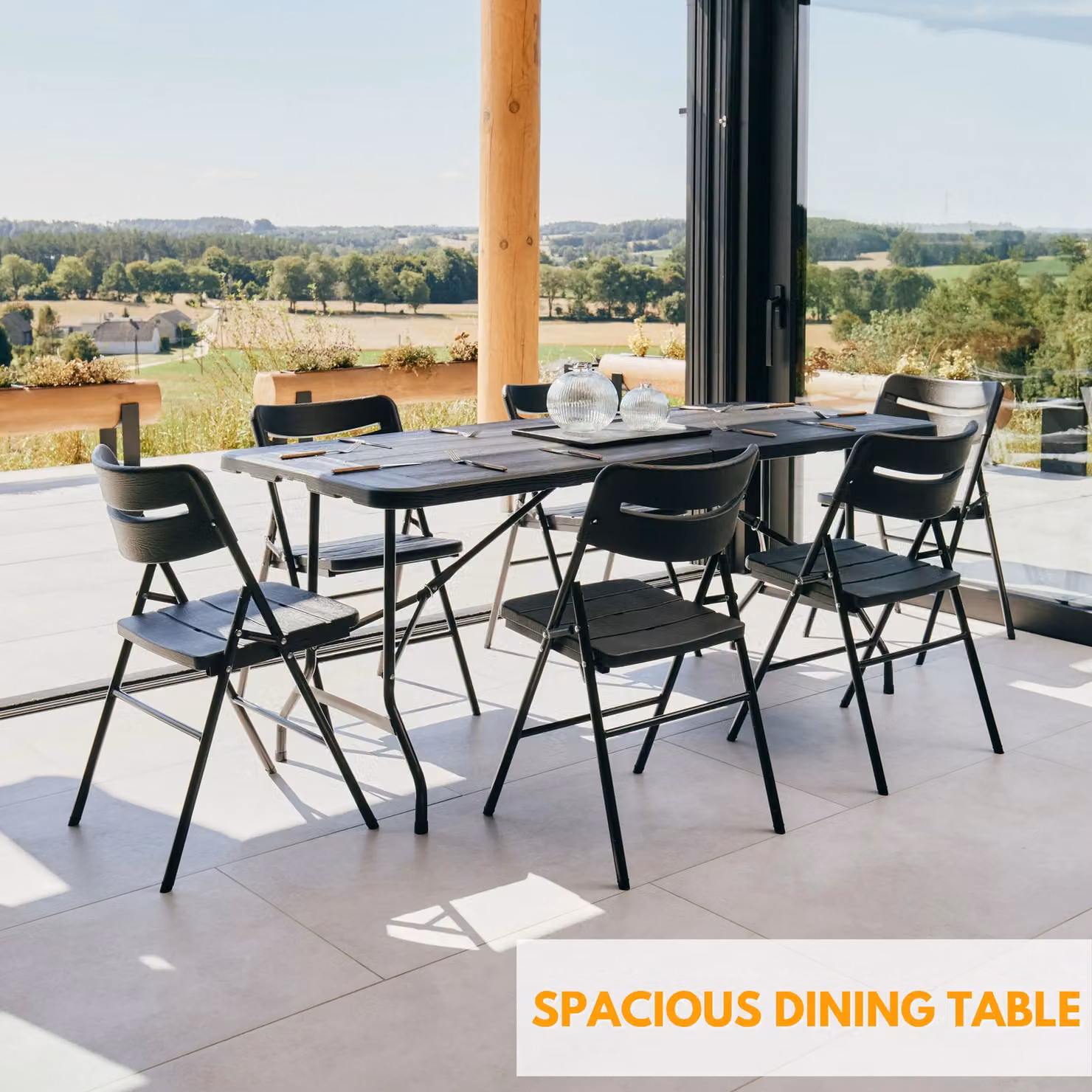 Novecrafto 6ft Folding Table and 6 Folding Chairs Set in Black with Wood Grain Pattern and Steel Frames – 4