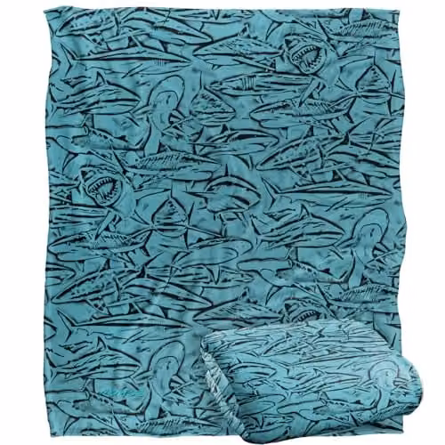 JQ Licensing Royce Mcclure Great White Shark Woodcut Pattern Super Soft Fleece Throw Blanket, W/D/H: 152 x 127 cm – 1