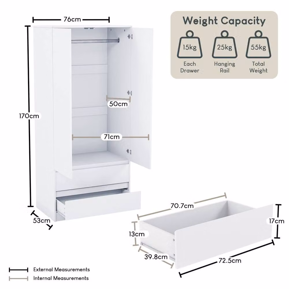HD Designs Denver 2 Door Wardrobe with Drawers in White MDF – 2