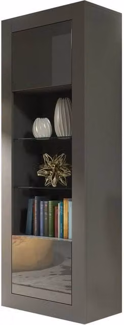 PAWNORA Grey Matt Display Cabinet with Glass Doors and Internal Shelves, Height: 170 cm