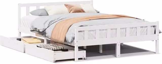 Berkfield Home White Solid Wood Pine Bed Frame with Drawers, W/D/H: 150 x 200 cm