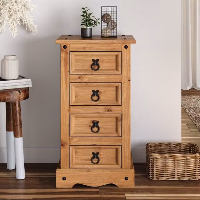 Mercers Furniture Corona Narrow 4 Drawer Bedside Cabinet in Brown Solid Waxed Pine