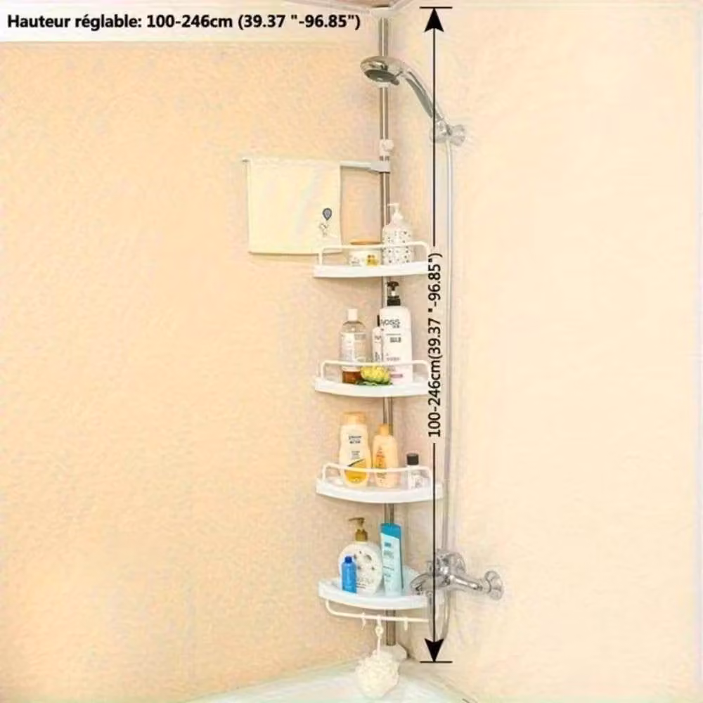 SPETLEK 4 Tier Telescopic Stainless Steel Bathroom Corner Tension Rod Shelf in White – 1