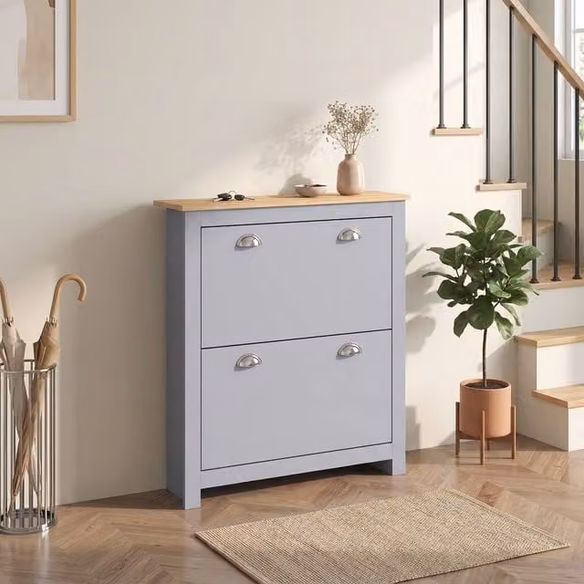 STILVORA Grey Modern Shoe Cabinet with Tilting Compartments and Internal Shelves