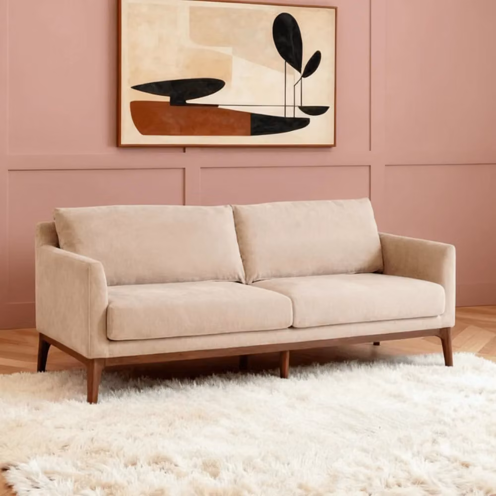 Atkin and Thyme Barnaby 3 Seat Mid-Century Sofa in Beige Velvet