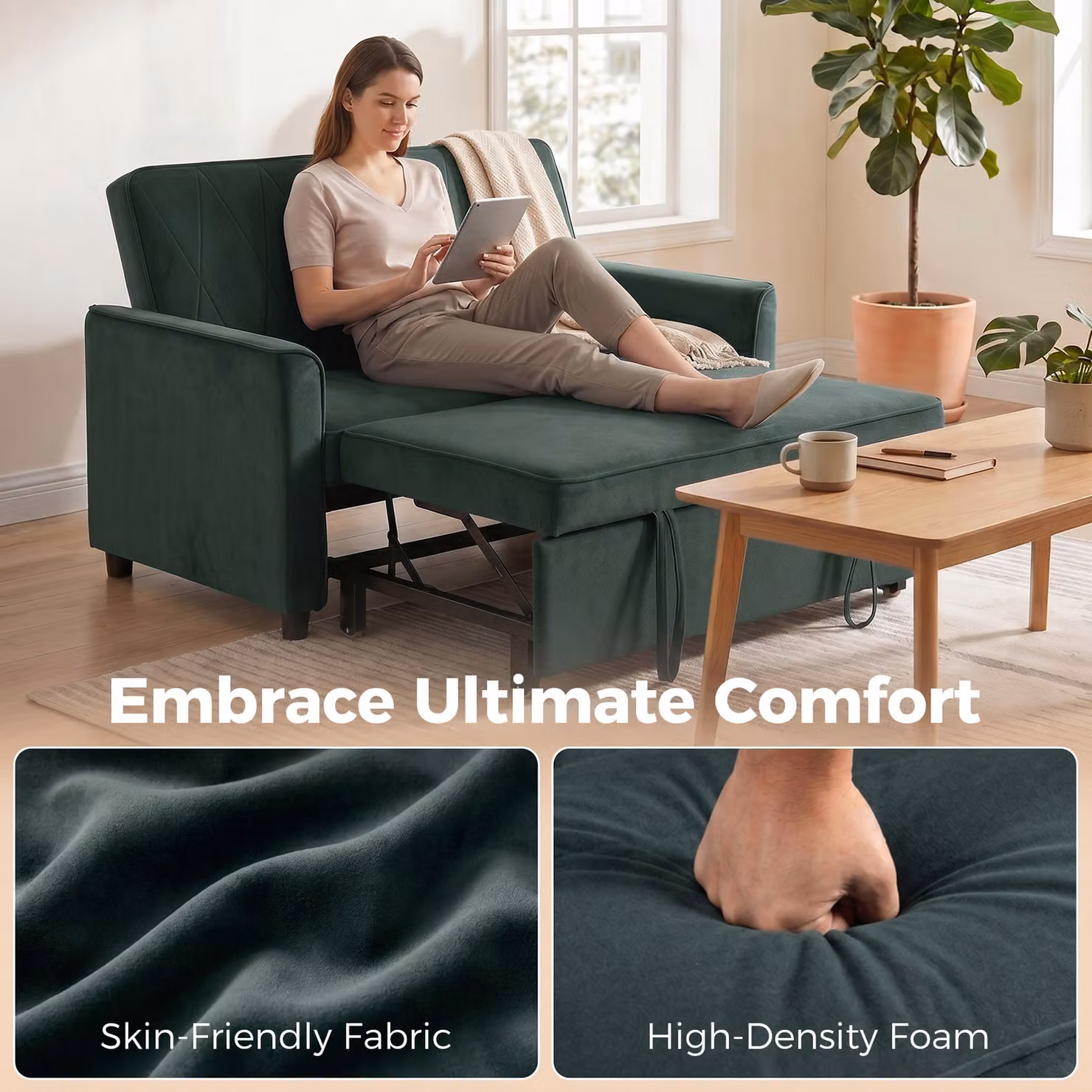 HOMCOM 2 Seater Convertible Velvet Sofa Bed with Click-Clack Adjustable Backrest, Dark Green – 6