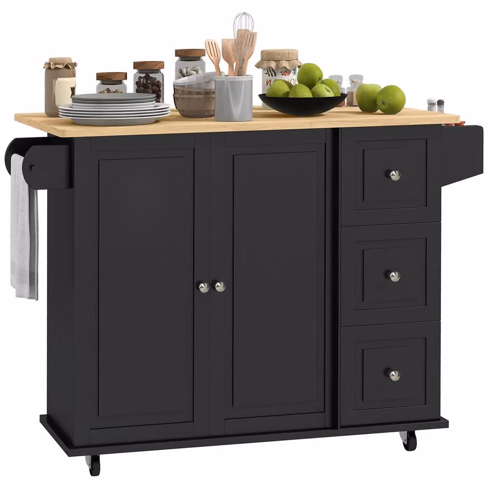 HOMCOM Black Kitchen Island with Drop Leaf and 3 Drawers, Rubberwood Top, W/D/H: 115 x 40 x 91.5 cm – 2