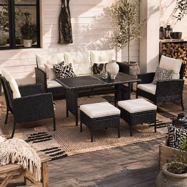 Wyld Haus Coma 6 Piece Black and Beige Rattan Garden Sofa Dining Set with Glass Table – 1