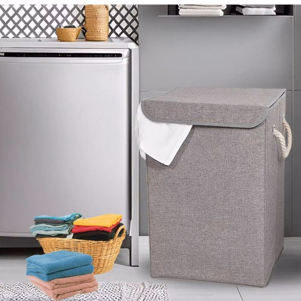 Kelvenix Collapsible Fabric Laundry Basket in Grey with Lid and Handles – 2