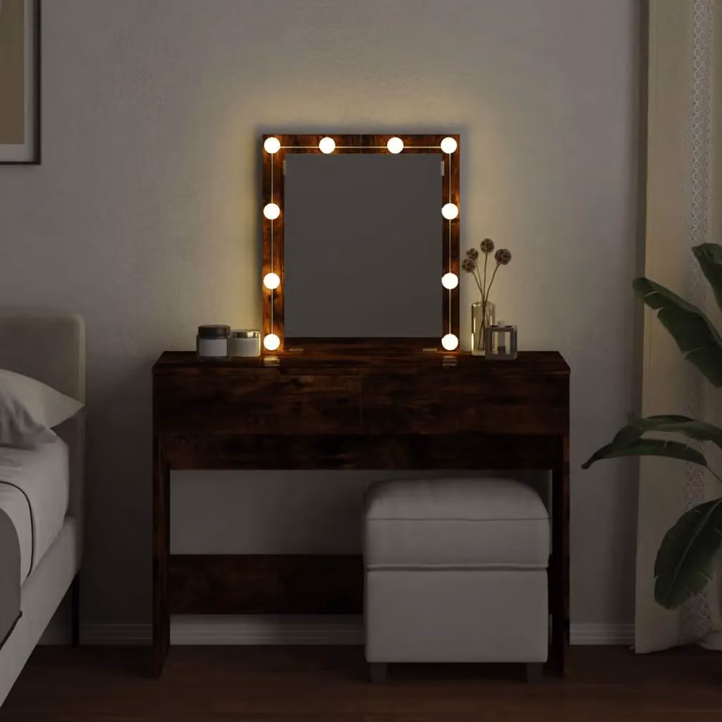 Berkfield Home Modern Smoked Oak Dressing Table with Hollywood LED, Brown, W: 100 cm, D: 40 cm, H: 130 cm – 3
