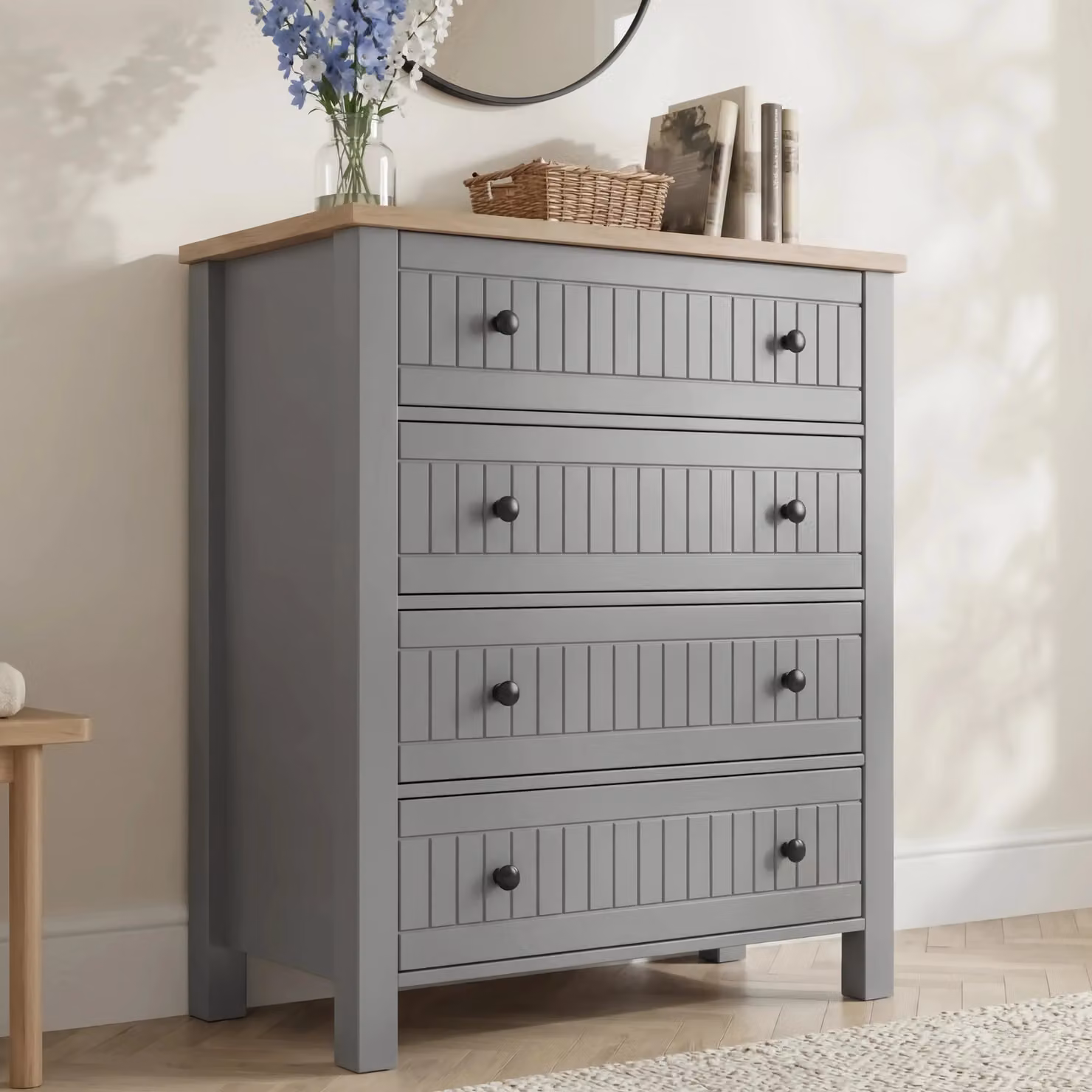 DHS Linra Grey Painted 4 Chest of Drawers in Mid-Century Oak Style, W/D/H: 95 x 42 x 83 cm