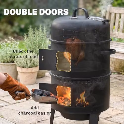 Outsunny 3-in-1 Vertical Charcoal Smoker with Thermometer and 2 Grill Grates, Black – 6