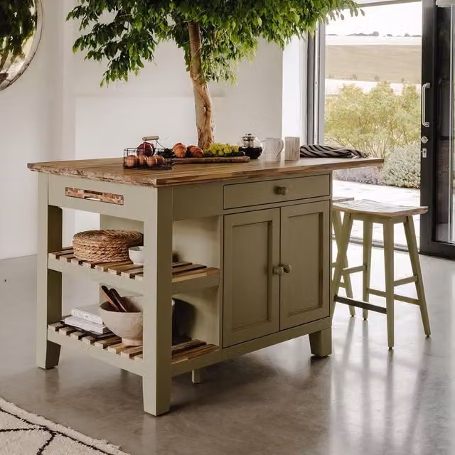 Florence Kitchen Island with Cupboard and Shelves in Sage Green and Acacia Wood, W/D/H: 150 x 90 x 91 cm