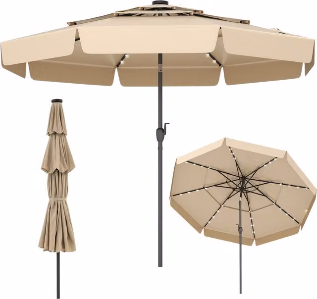 COSTWAY Solar Patio Umbrella with 32 LED Lights, Beige