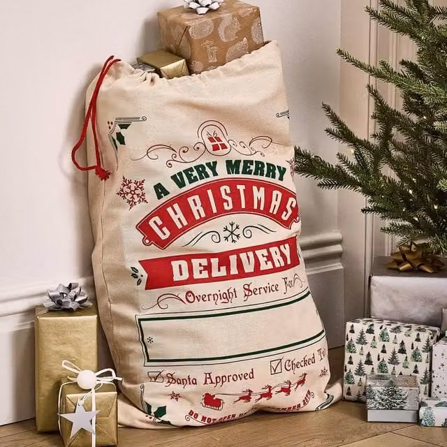 Dibor Traditional Christmas Childrens Gift Sack in Beige, Red and Green – 1